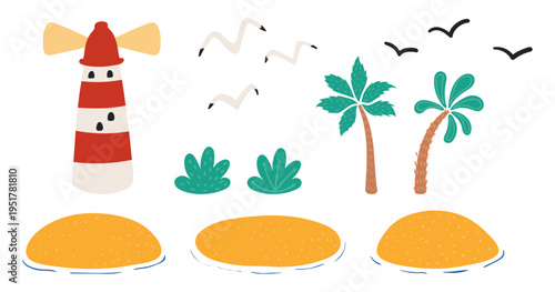 Lighthouse, island, seagull, palm tree, bush illustration isolated set. Summer holidays, tropical resort, sea, ocean scene. Nautical design element, clip art collection. Hand drawn flat vector