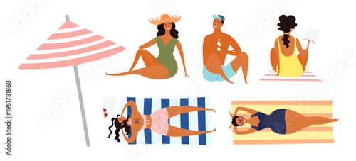 Women, man in swimsuit, sunbathing on beach, talking, reading book, illustration isolated set. Summer holidays, resort. Flat design element, cartoon character collection, hand drawn vector clip art