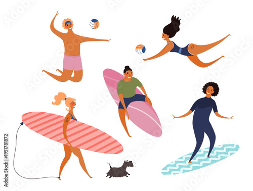 Beautiful women, men surfers, surfboards, volleyball players on beach, illustration isolated set. Summer holidays, resort. Flat design element, cartoon character collection, hand drawn vector clip art