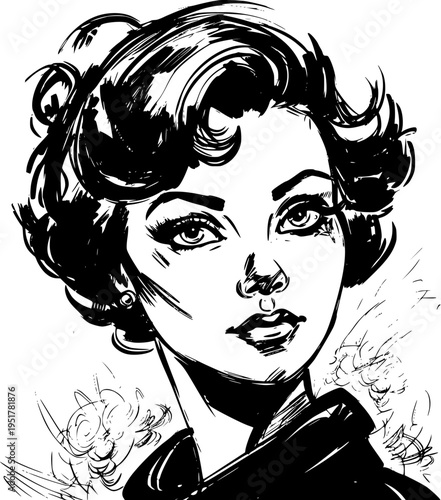 Ink drawing portrait of young woman with voluminous wavy hair glancing sideways mysteriously on white background