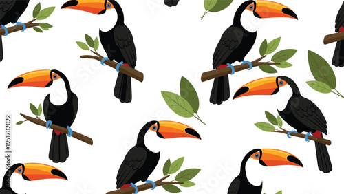 Tropical seamless pattern featuring exotic toucan birds with large orange beaks perched on leafy branches against a white background.