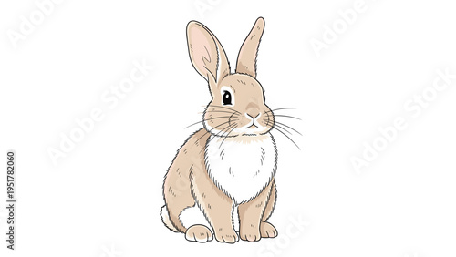 Adorable brown rabbit illustration from a side-view sitting peacefully with its long ears up on a plain white background for animal nature.