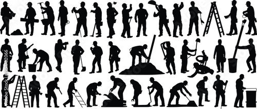 Construction worker silhouettes collection, builders using tools digging drilling hammering carrying ladder equipment, manual labor industry, construction site activity vector illustration