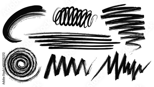 Collection of expressive black ink brushstrokes and scribbles on white background