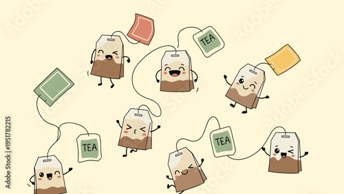 Delightful seamless pattern featuring happy tea bag cartoon characters with different facial expressions dancing on a cream background.