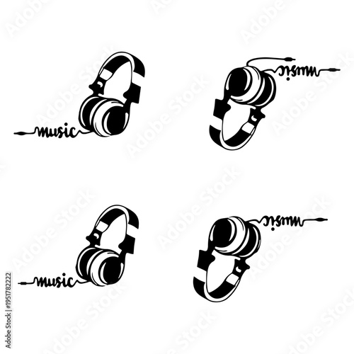 Music Text with Headphones Silhouette - Audio and Sound Concept Vector