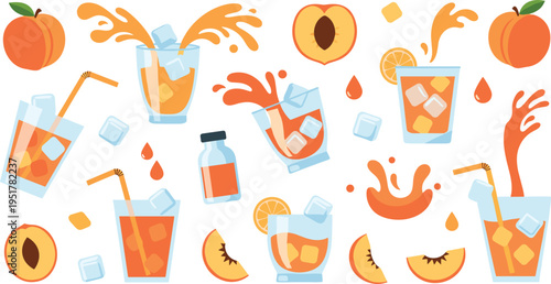 Peach Juice Drink Illustration Set with Fresh Fruit, Ice Cubes, Splash Elements, Glasses and Bottles for Refreshing Beverage Design Collection
