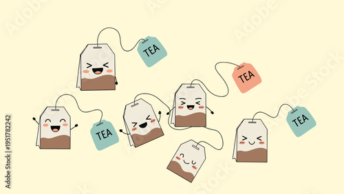 Collection of cute cartoon tea bags with various happy and smiling facial expressions on a warm yellow background.