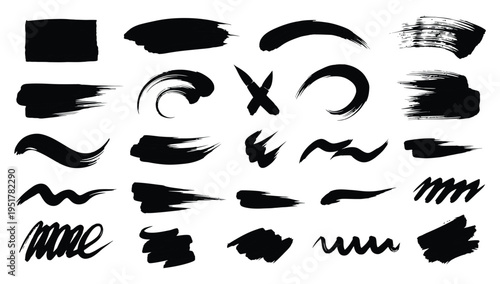 Collection of black brush strokes and abstract shapes on white background