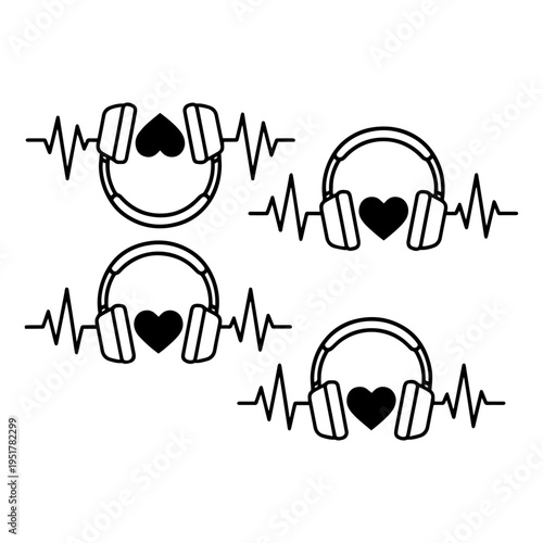 Music Love Concept Silhouettes - Heartbeat Line and Headphones Vector
