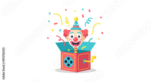 Smiling clown popping out box.