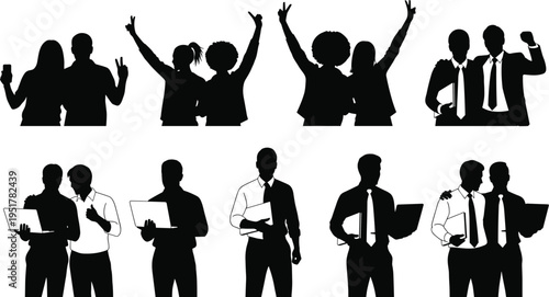 Collection of professional business people silhouettes with laptops and victory gestures for corporate teamwork and successful partnership concepts on white.