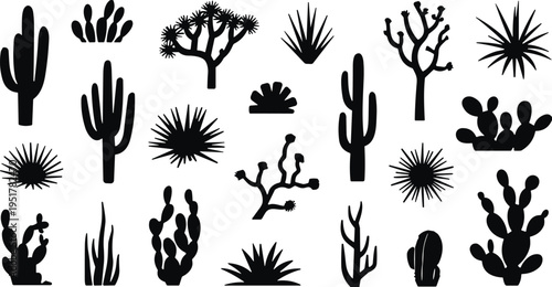 Cactus and desert plant silhouette set featuring saguaro, prickly pear, agave, and joshua tree icons for botanical landscaping and nature design.