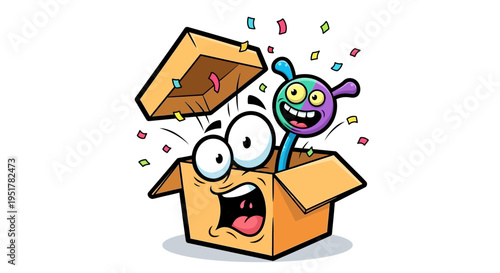 Surprised cartoon box with smiling creature.