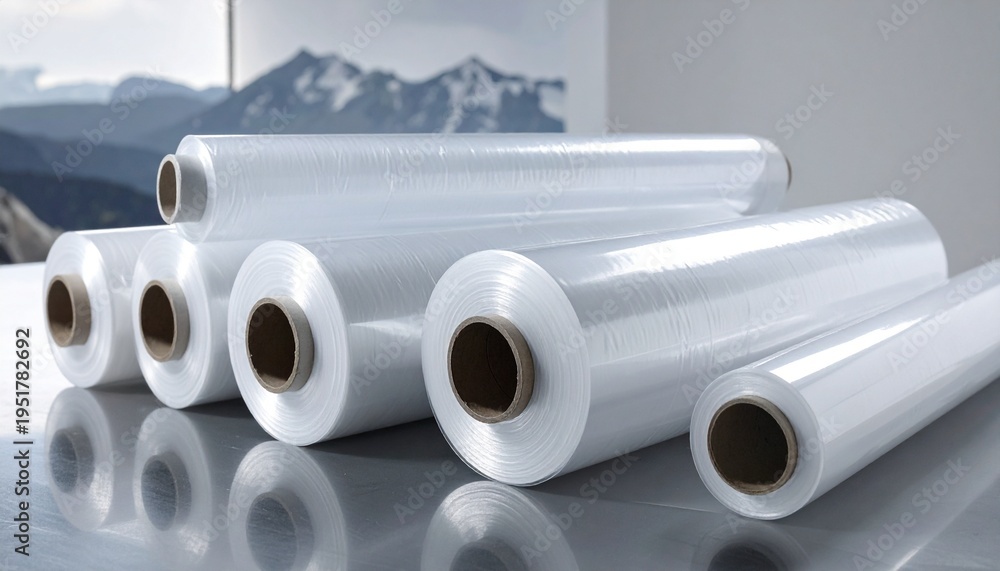 Fototapeta premium Rolls of Clear Plastic Film for Packaging and Protection with Mountain Backdrop for Purity and Freshness.