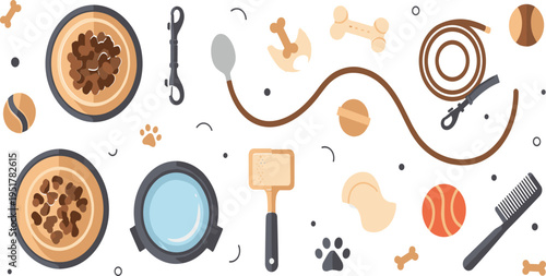 Pet Care Accessories Illustration Set with Dog Bowls, Leash, Toys, Grooming Tools and Feeding Items for Animal Care and Training Design Collection