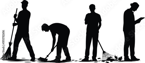 Janitor silhouettes sweeping and cleaning with broom and rake, sanitation service concept, manual labor, outdoor maintenance, worker collection vector illustration