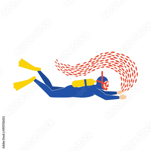 Scuba diver swimming with a school of small red fish underwater, blue wetsuit, yellow tank