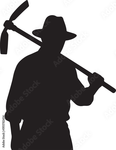Farmer with pickaxe silhouette illustration hat vector