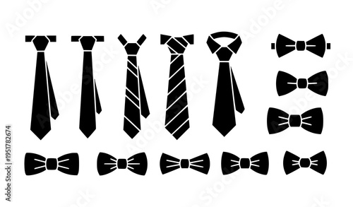 Black necktie and bowtie icon collection flat vector fashion symbols isolated on white background