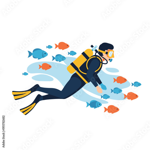 Scuba diver swimming with colorful fish in clear blue water, underwater exploration