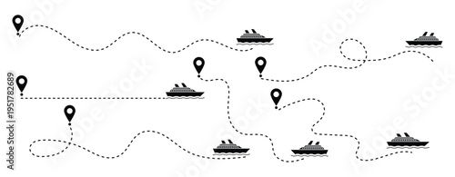 Ship routes with dotted line collection.  Ships path with marked start point isolated on white background for travel planning. Vector illustration. 
