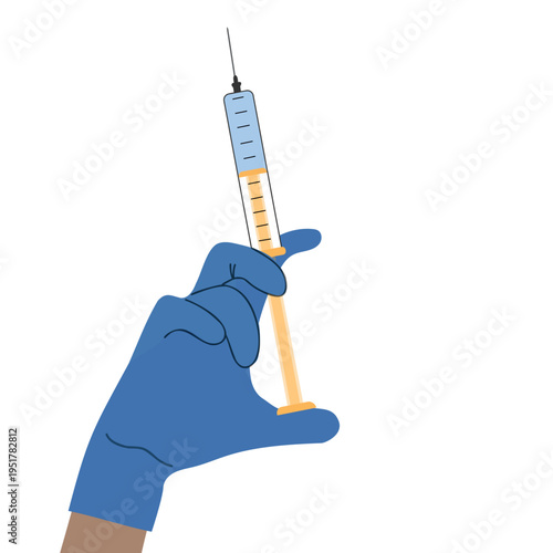 Syringe in the hand vector illustration. Copy space. Illustration of hands of medical staff preparing syringe for vaccination in clinical setting