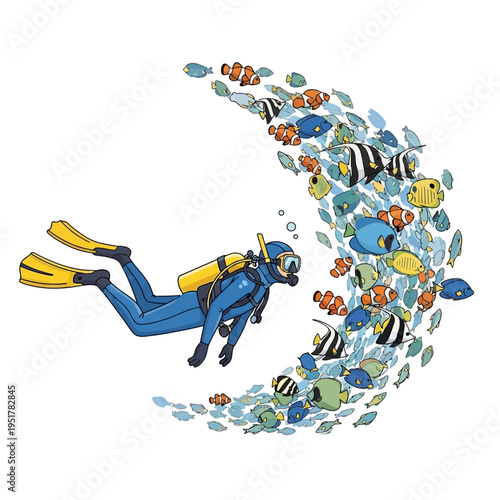 Scuba diver swimming with a large school of colorful tropical fish in clear blue water
