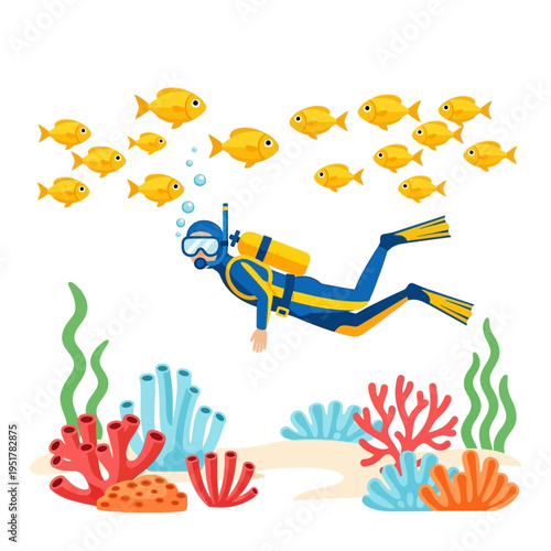 Scuba diver swimming with school of yellow fish underwater coral reef ocean sea