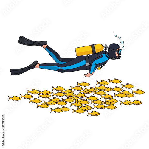 Scuba diver swimming over school of yellow fish underwater, ocean adventure