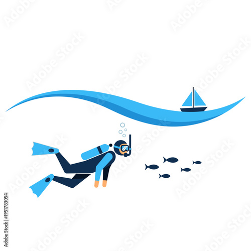 Scuba diver swimming underwater near fish and sailboat on the surface