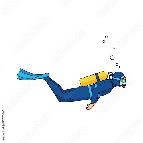Scuba diver swimming underwater with air tank and bubbles, blue suit