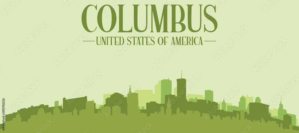 Fototapeta premium Green panoramic poster of the city skyline with solid background buildings on a hilly terrain of COLUMBUS, UNITED STATES