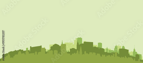 Green panoramic poster of the city skyline with solid background buildings on a hilly terrain of INDIANAPOLIS, UNITED STATES
