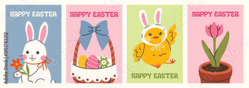 Cute set of Easter cards. Spring collection of animals, flowers and decorations. For poster, card, scrapbooking , sticker