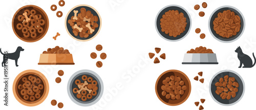 Pet Food Bowl Collection with Dog and Cat Kibble, Dry and Wet Meals, Animal Feeding Elements for Nutrition and Care Illustration Design Set