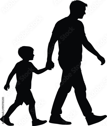 Black silhouette of adult and child walking hand in hand, symbolizing family bond, guidance, protection, parenting, companionship, and generational