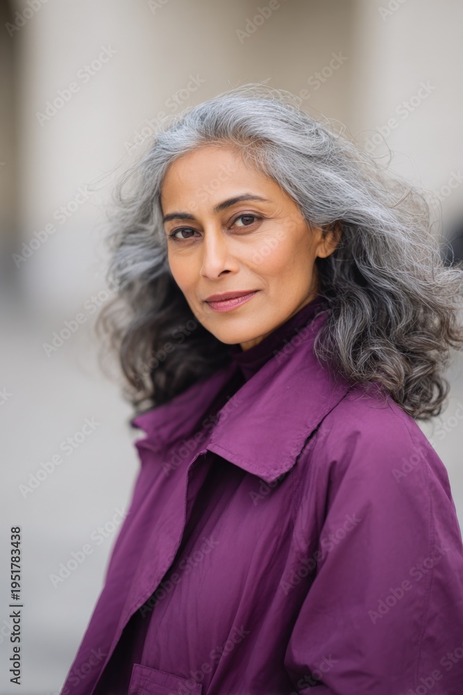 Fototapeta premium Asian female mature woman with silver hair wearing plum coat urban portrait confident expression poised gaze, female asian mature