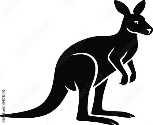 Black kangaroo silhouette standing profile, Australian wildlife animal illustration isolated on white 