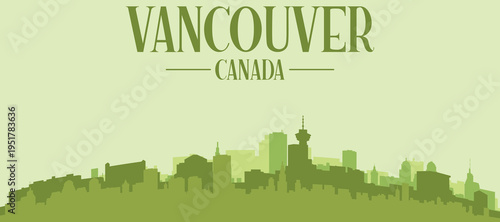 Green panoramic poster of the city skyline with solid background buildings on a hilly terrain of VANCOUVER, CANADA