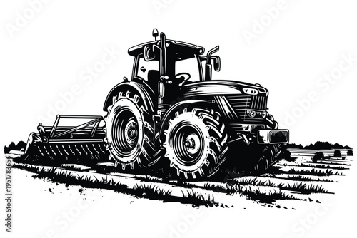 black and white tractor plowing field rural farm landscape vector illustration