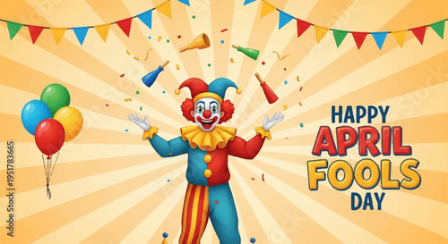 Colorful clown celebrating happy april fools' day with balloons and party decorations