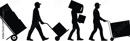 Worker silhouettes moving boxes with hand truck, manual labor logistics concept, delivery service, warehouse transportation, cargo handling, moving company vector illustration