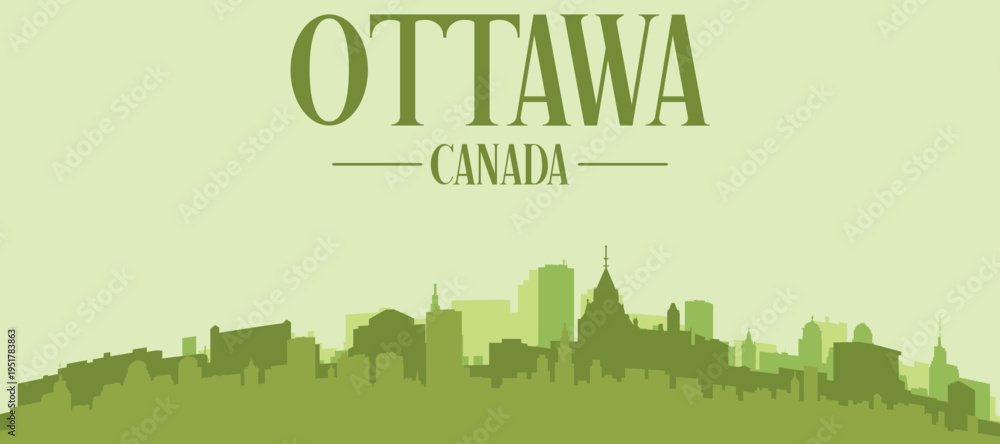 © Djerdj - Green panoramic poster of the city skyline with solid background buildings on a hilly terrain of OTTAWA, CANADA
