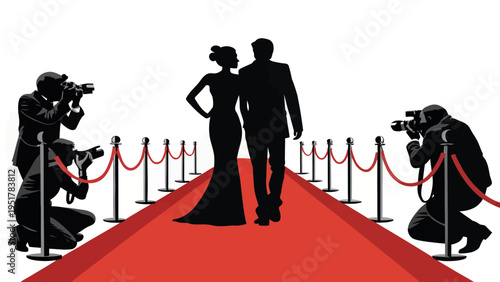 A vector graphic illustration of a couple walking down a red carpet with photographers and velvet ropes.