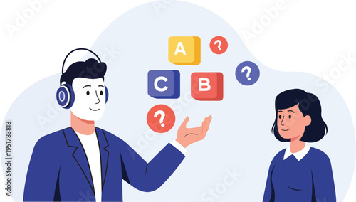Online Language Learning Concept with Teacher and Student Using Alphabet Blocks and Headphones