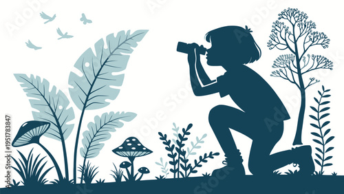 A vector graphic illustration of a girl exploring nature with binoculars in a forest