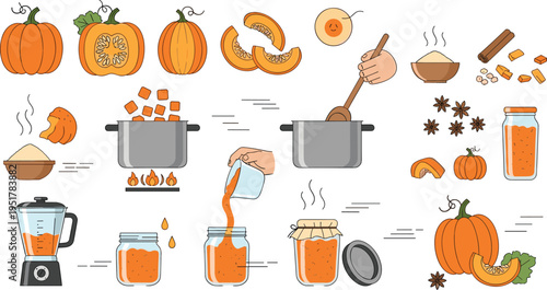 Pumpkin Cooking Process Illustration Set with Soup Preparation, Boiling, Blending and Canning Steps, Autumn Recipe and Homemade Food Design Collection