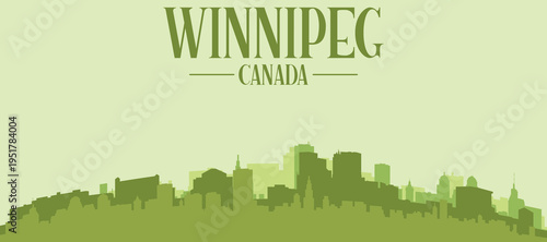Green panoramic poster of the city skyline with solid background buildings on a hilly terrain of WINNIPEG, CANADA