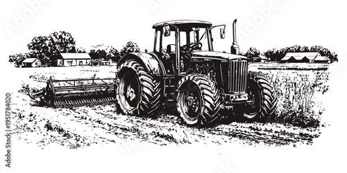 Farm tractor with roller cultivator wide field farm buildings black white bold ink illustration